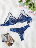 Conjunto de lenceria atractiva para mujer con diseno de hoja de arce en color azul oscuro 2 piezas/set