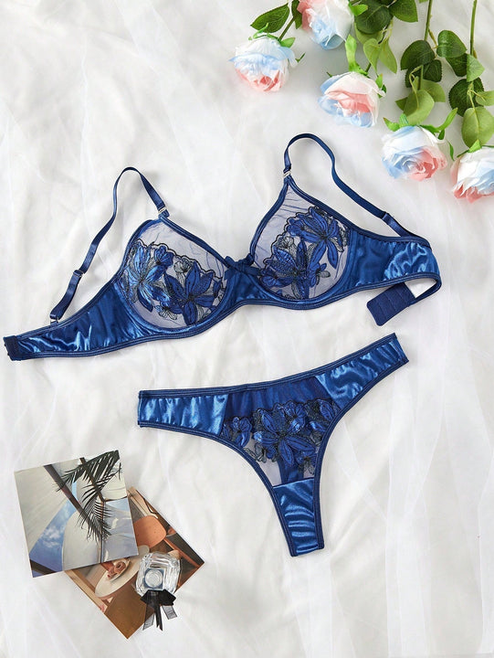 Conjunto de lenceria atractiva para mujer con diseno de hoja de arce en color azul oscuro 2 piezas/set