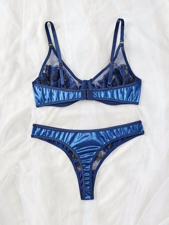 Conjunto de lenceria atractiva para mujer con diseno de hoja de arce en color azul oscuro 2 piezas/set