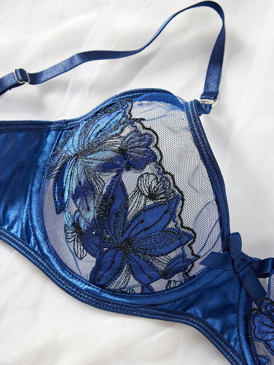 Conjunto de lenceria atractiva para mujer con diseno de hoja de arce en color azul oscuro 2 piezas/set