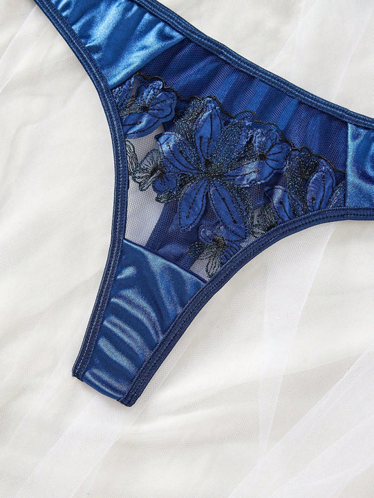 Conjunto de lenceria atractiva para mujer con diseno de hoja de arce en color azul oscuro 2 piezas/set