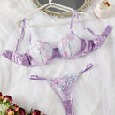 Conjunto de lenceria sexy morada con bordado para mujeres, consta de 2 piezas