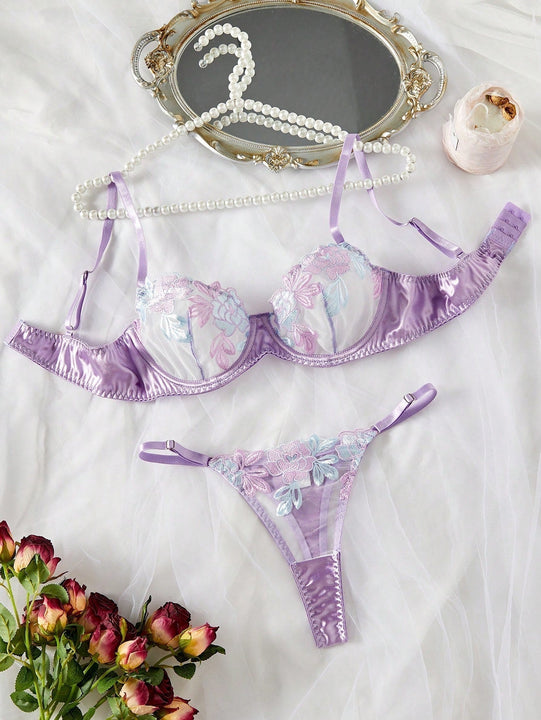 Conjunto de lenceria sexy morada con bordado para mujeres, consta de 2 piezas