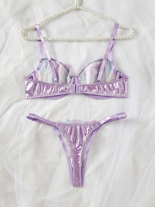 Conjunto de lenceria sexy morada con bordado para mujeres, consta de 2 piezas