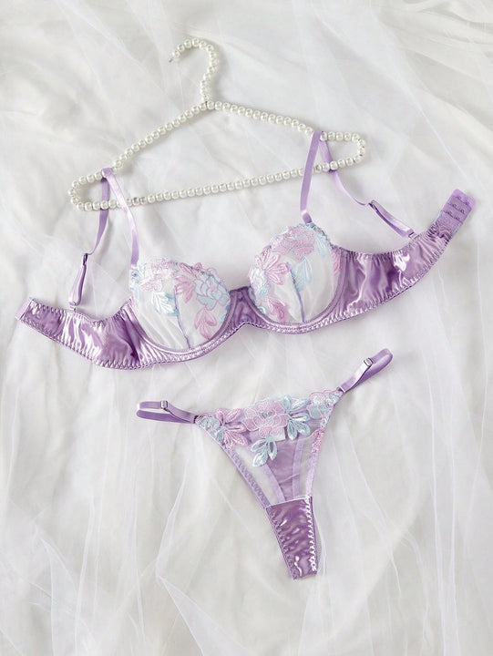 Conjunto de lenceria sexy morada con bordado para mujeres, consta de 2 piezas