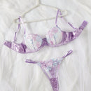 Conjunto de lenceria sexy morada con bordado para mujeres, consta de 2 piezas