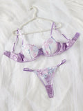 Conjunto de lenceria sexy morada con bordado para mujeres, consta de 2 piezas