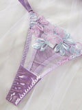 Conjunto de lenceria sexy morada con bordado para mujeres, consta de 2 piezas