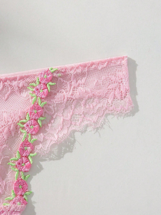 Tanga sexy de encaje de contraste con bordados florales para mujer