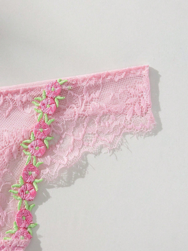 Tanga sexy de encaje de contraste con bordados florales para mujer
