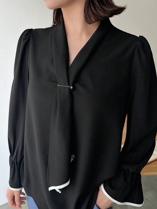FRIFUL Blusa elegante de primavera/verano para mujer de unicolor suelta con mangas acampanadas