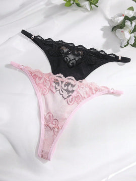 2 piezas set de lenceria sexy con cordon y detalles de pedreria, calzones de tanga transpirables