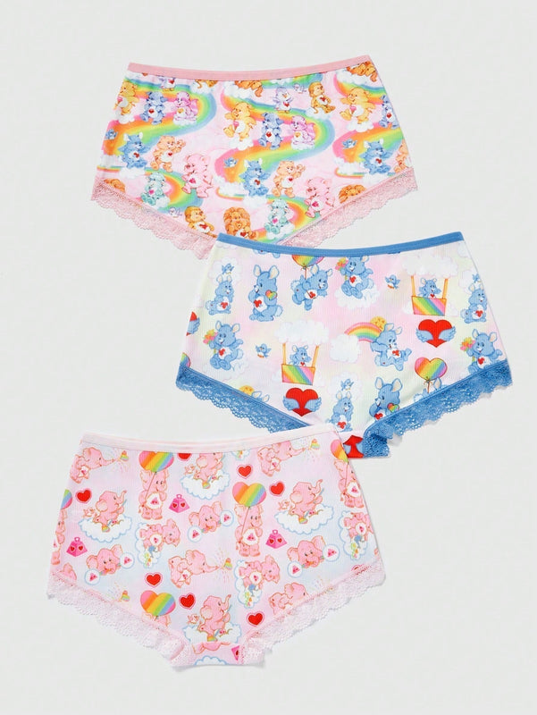 ROMWE X Care Bears Pantalones Cortos De Mujer Con Encaje Y Estampado De Dibujos Animados