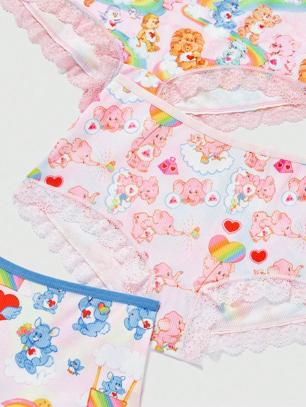 ROMWE X Care Bears Pantalones Cortos De Mujer Con Encaje Y Estampado De Dibujos Animados