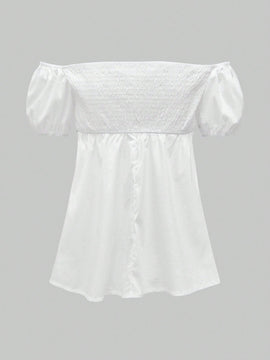 Kawaii Camisa kawaii con hombros descubiertos, mangas abullonadas, dobladillo asimetrico, diseno de cinta tejida de contraste y corte en linea A para mujer