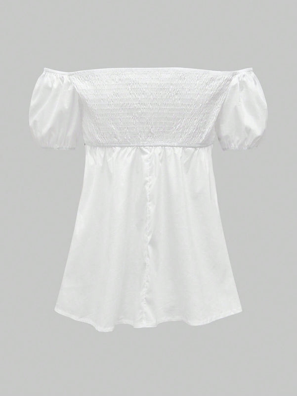 Kawaii Camisa kawaii con hombros descubiertos, mangas abullonadas, dobladillo asimetrico, diseno de cinta tejida de contraste y corte en linea A para mujer