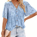 Blusa de manga corta con volantes para mujer con escote en V, dees con volantes y botones
