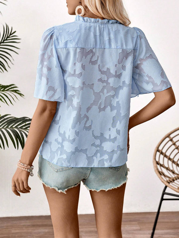 Blusa de manga corta con volantes para mujer con escote en V, dees con volantes y botones