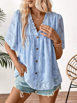 Blusa de manga corta con volantes para mujer con escote en V, dees con volantes y botones