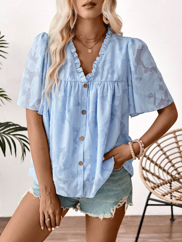 Blusa de manga corta con volantes para mujer con escote en V, dees con volantes y botones