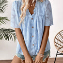Blusa de manga corta con volantes para mujer con escote en V, dees con volantes y botones