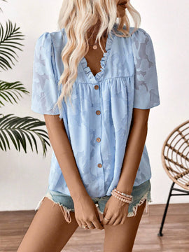 Blusa de manga corta con volantes para mujer con escote en V, dees con volantes y botones