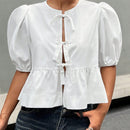 EZwear Camisa de mujer de unicolor con cuello redondo, mangas abullonadas y lazo en la parte delantera