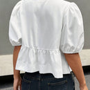 EZwear Camisa de mujer de unicolor con cuello redondo, mangas abullonadas y lazo en la parte delantera