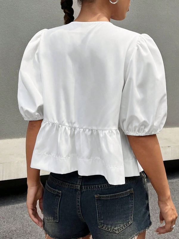 EZwear Camisa de mujer de unicolor con cuello redondo, mangas abullonadas y lazo en la parte delantera