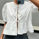 EZwear Camisa de mujer de unicolor con cuello redondo, mangas abullonadas y lazo en la parte delantera