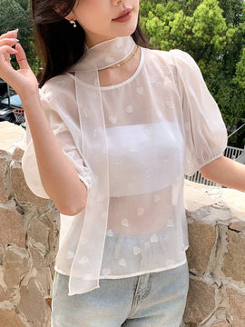 Mujeres Camisa enada de manga corta con cuello redondo, corazon de cremallera y lazo con drapeado