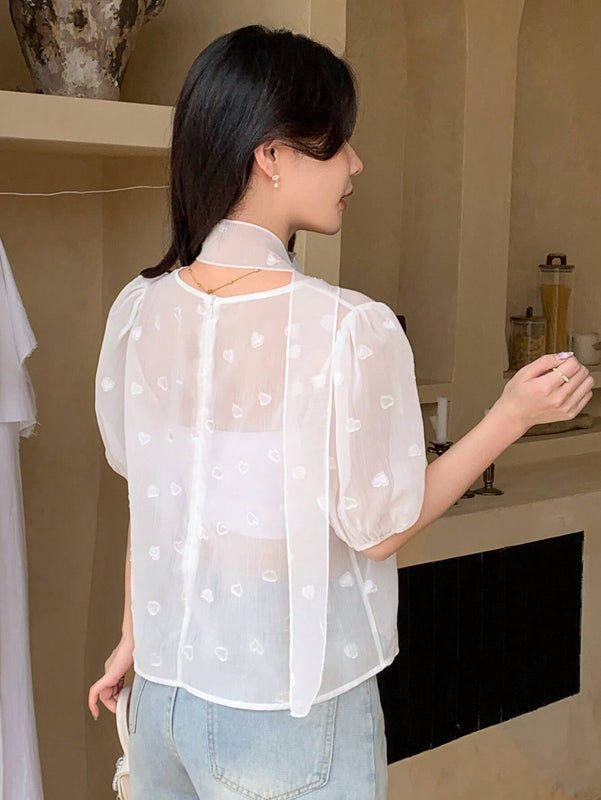 Mujeres Camisa enada de manga corta con cuello redondo, corazon de cremallera y lazo con drapeado
