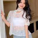 DAZY Camisa ajustada de manga corta de cuello redondo con corazon y cremallera para mujer, con corbata de drapeado