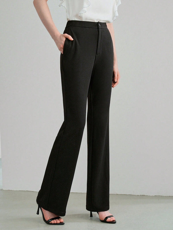 NEW MOTF PREMIUM Pantalones solidos de pierna acampanada con bolsillos inclinados y dobladillo dividido