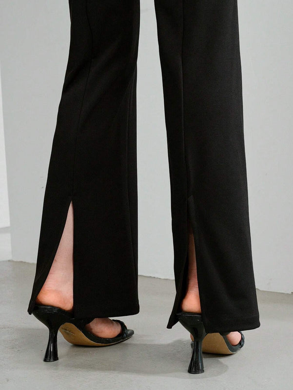 NEW MOTF PREMIUM Pantalones solidos de pierna acampanada con bolsillos inclinados y dobladillo dividido