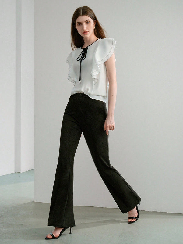 NEW MOTF PREMIUM Pantalones solidos de pierna acampanada con bolsillos inclinados y dobladillo dividido