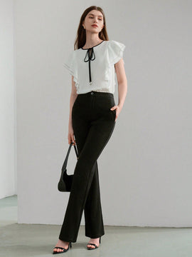 NEW MOTF PREMIUM Pantalones solidos de pierna acampanada con bolsillos inclinados y dobladillo dividido