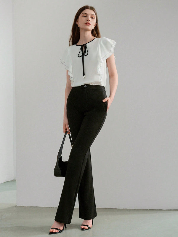 NEW MOTF PREMIUM Pantalones solidos de pierna acampanada con bolsillos inclinados y dobladillo dividido