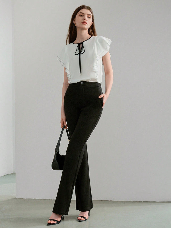NEW MOTF PREMIUM Pantalones solidos de pierna acampanada con bolsillos inclinados y dobladillo dividido