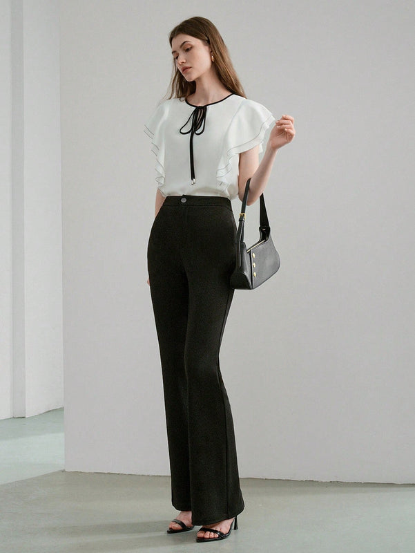 NEW MOTF PREMIUM Pantalones solidos de pierna acampanada con bolsillos inclinados y dobladillo dividido