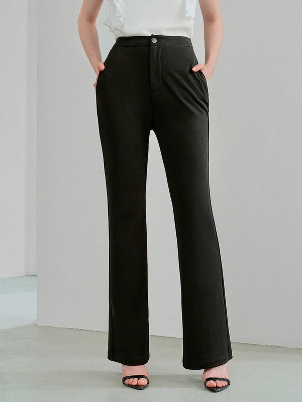 NEW MOTF PREMIUM Pantalones solidos de pierna acampanada con bolsillos inclinados y dobladillo dividido