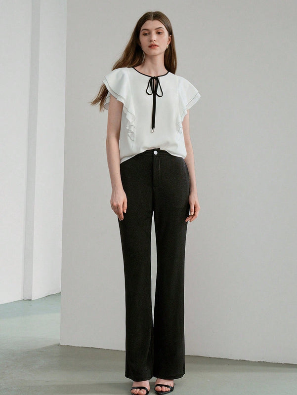 NEW MOTF PREMIUM Pantalones solidos de pierna acampanada con bolsillos inclinados y dobladillo dividido