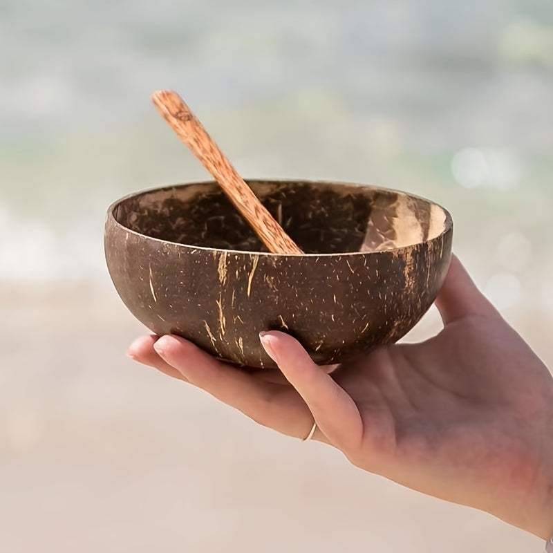 Conjunto de cuencos de cáscara de coco con cucharas de madera: Perfecto para ensaladas, postres y más - Incluye dos cuencos y dos cucharas.