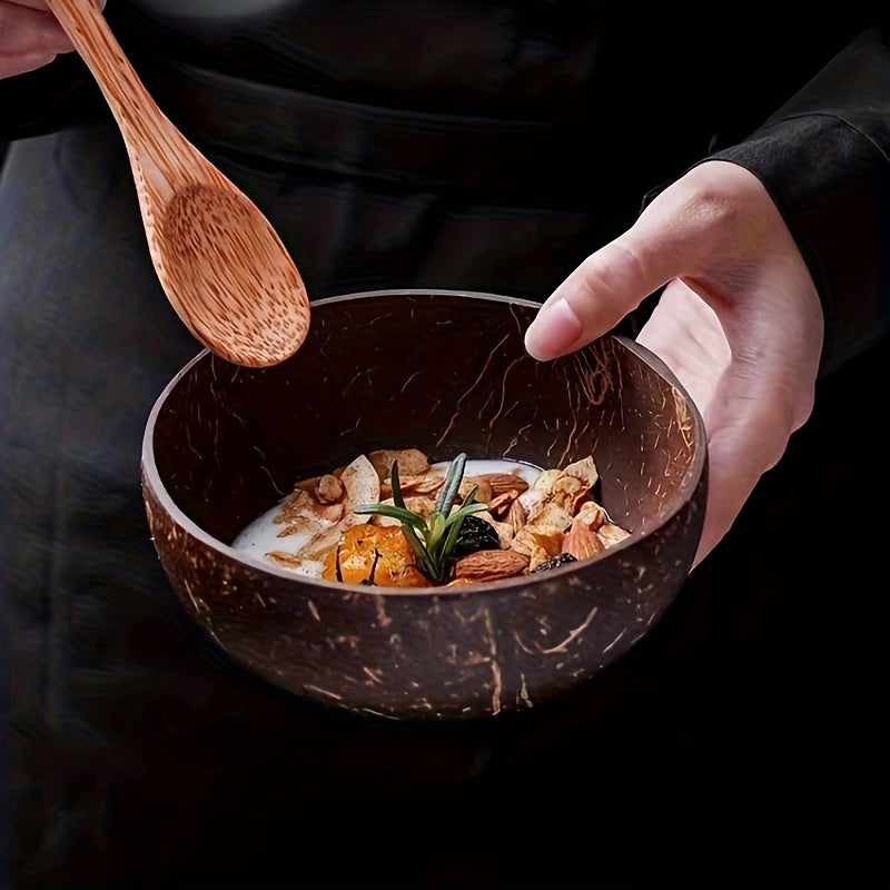 Conjunto de cuencos de cáscara de coco con cucharas de madera: Perfecto para ensaladas, postres y más - Incluye dos cuencos y dos cucharas.