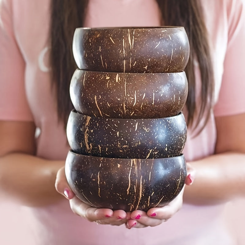 Conjunto de cuencos de cáscara de coco con cucharas de madera: Perfecto para ensaladas, postres y más - Incluye dos cuencos y dos cucharas.