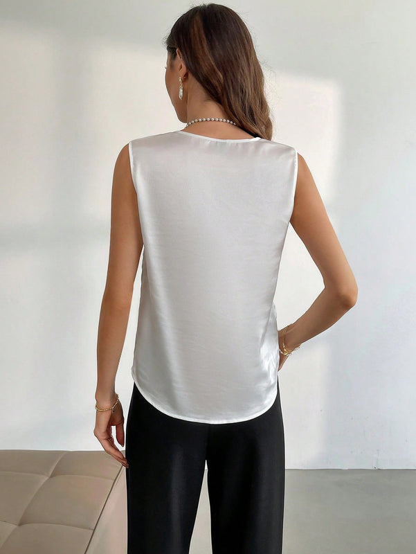Prive Blusa de mujer sin mangas con nudo en la parte delantera y escote en V, estilo de oficina