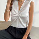 Prive Blusa de mujer sin mangas con nudo en la parte delantera y escote en V, estilo de oficina