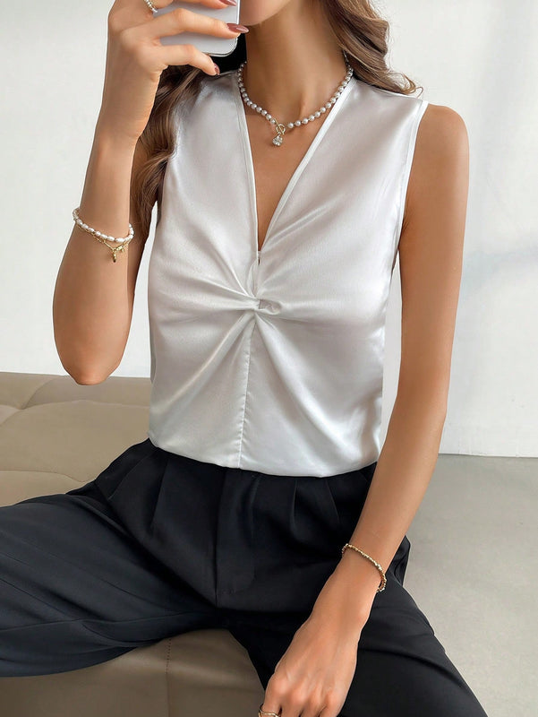 Prive Blusa de mujer sin mangas con nudo en la parte delantera y escote en V, estilo de oficina