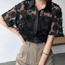 FRIFUL Mujeres - Camisa casual bordada de malla transparente y manga corta para verano