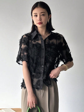 FRIFUL Mujeres - Camisa casual bordada de malla transparente y manga corta para verano